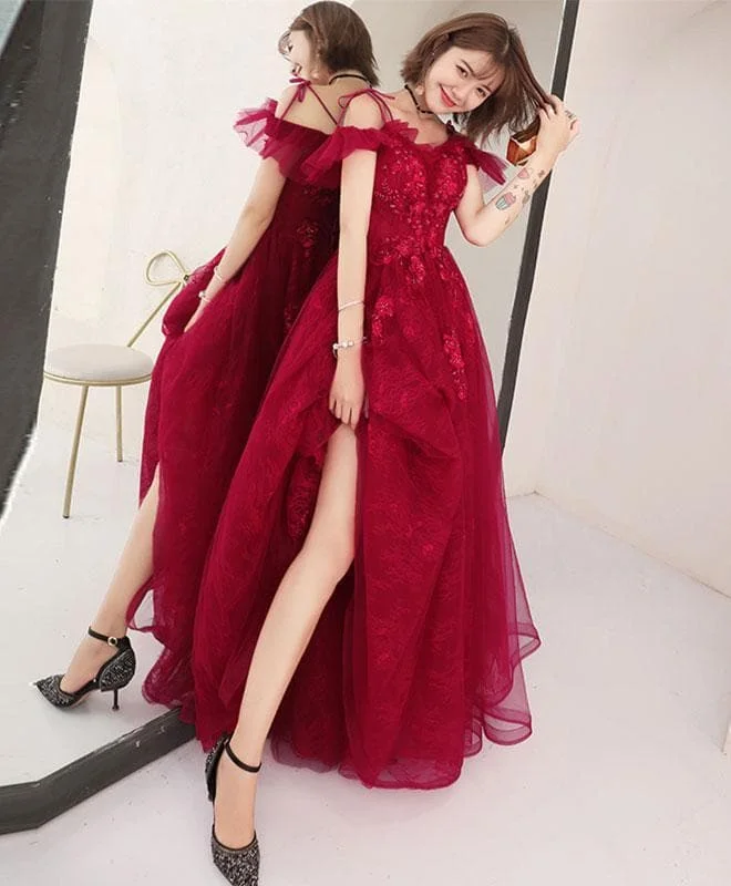 Burgundy Lace Tulle Long Prom Dress, Lace Evening Dress