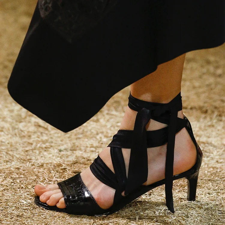 Black Croco Open Toe Kitten Heels Strappy Sandals |FSJ Shoes