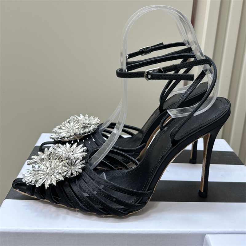 Crystal Rhinestone Flower Decor Sandals Women Narrow Band Ankle Strap Pointed Toe Stiletto Heel Shoes