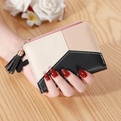 Geometric Patchwork PU Leather Women Long Zipper Wrist Purses Tassel Design Clutch Forever Young Wallet Female Card Holder