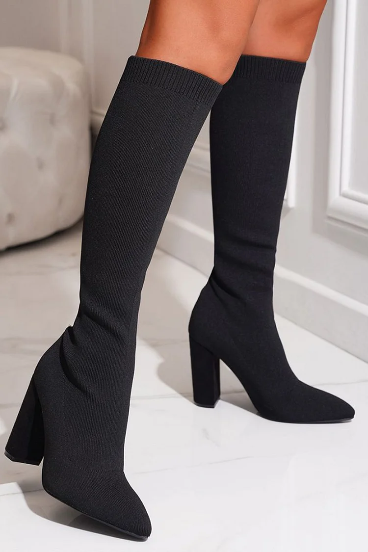 Elegant Solid Color Pointed Toe Chunky Heel Knee High Knitted Boots 2024 - Xpluswear