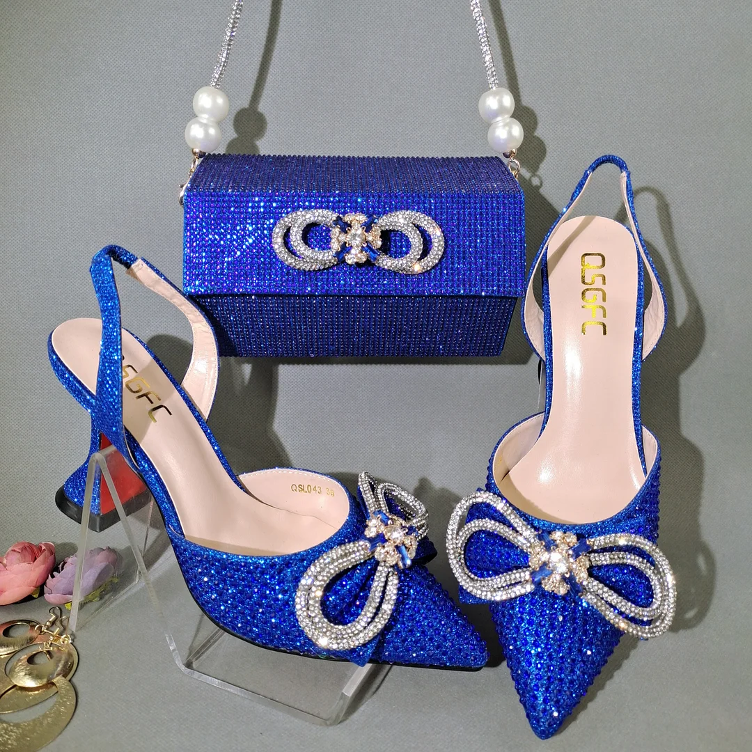 QSGFC 2022 Popular pointed Full of diamonds and shiny shoes with bags, banquet shoes and bags, and friends party shoes with bags