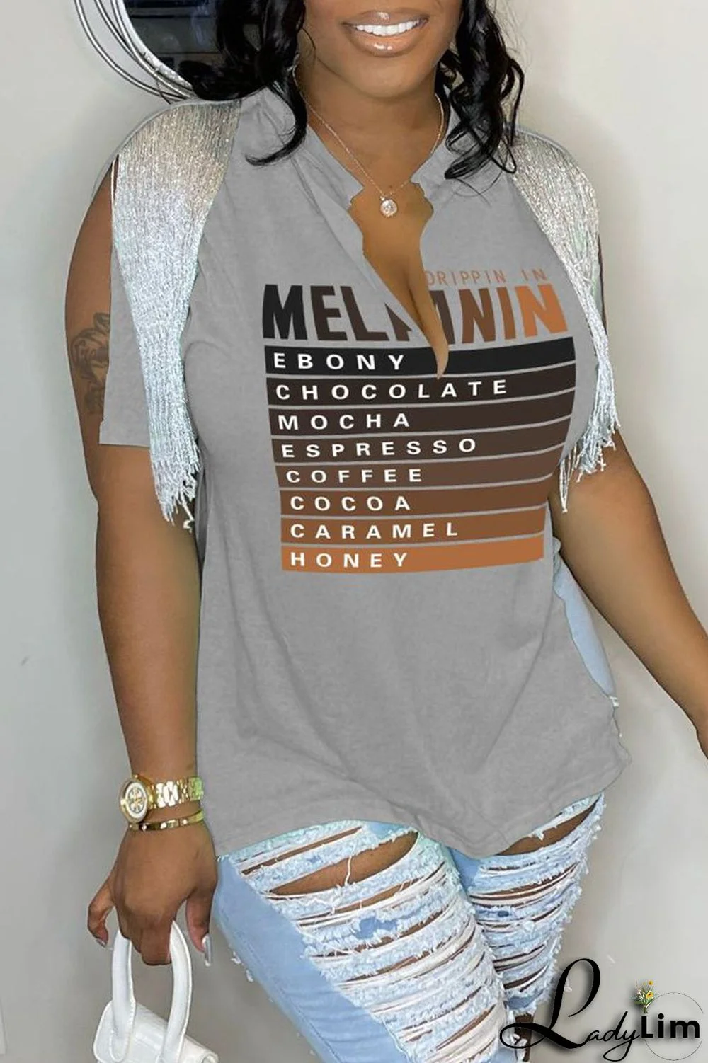 Rose Red Casual Letter Print Tassel Patchwork V Neck T-Shirts