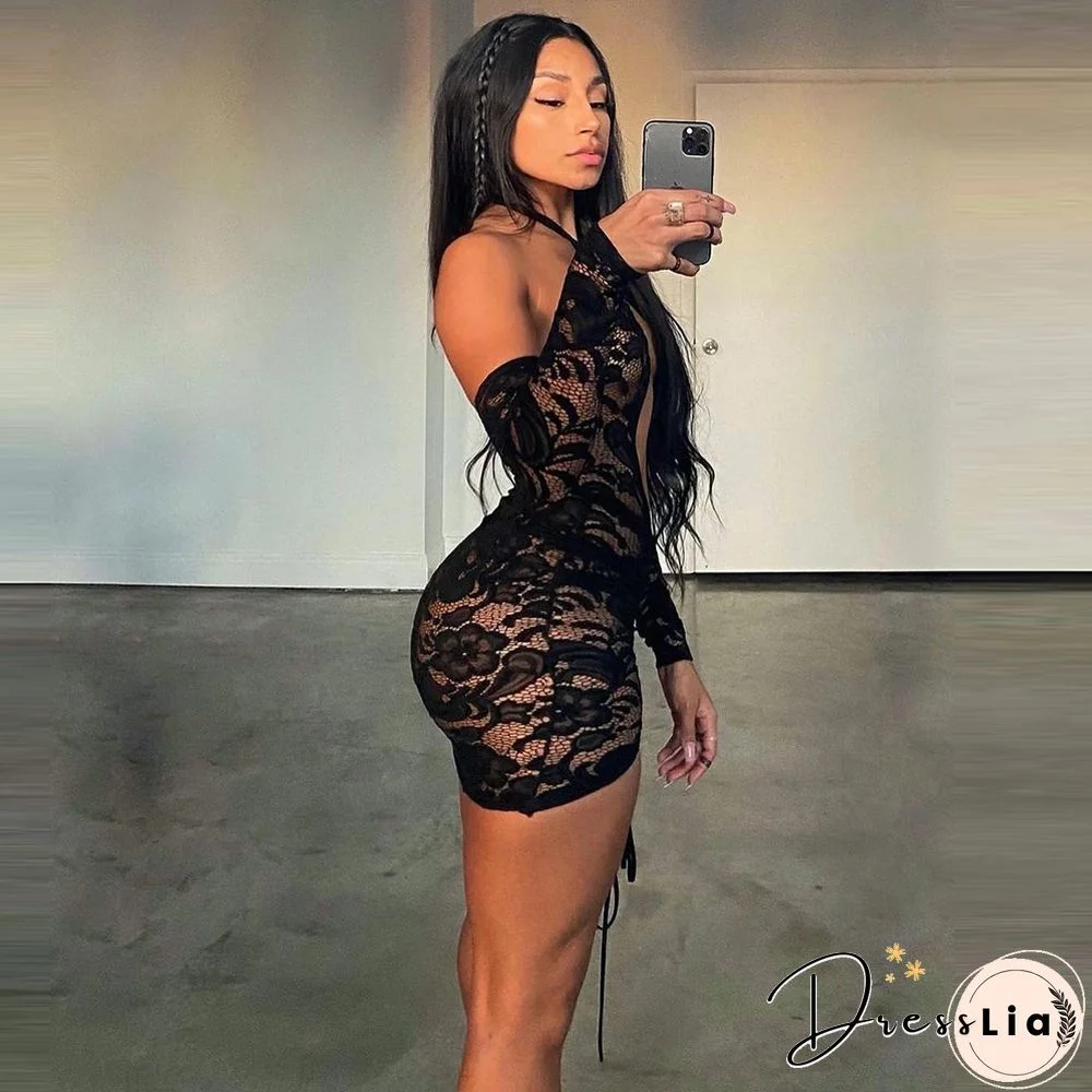 Lace Drawstring Ruched Long Sleeve Backless Dresses