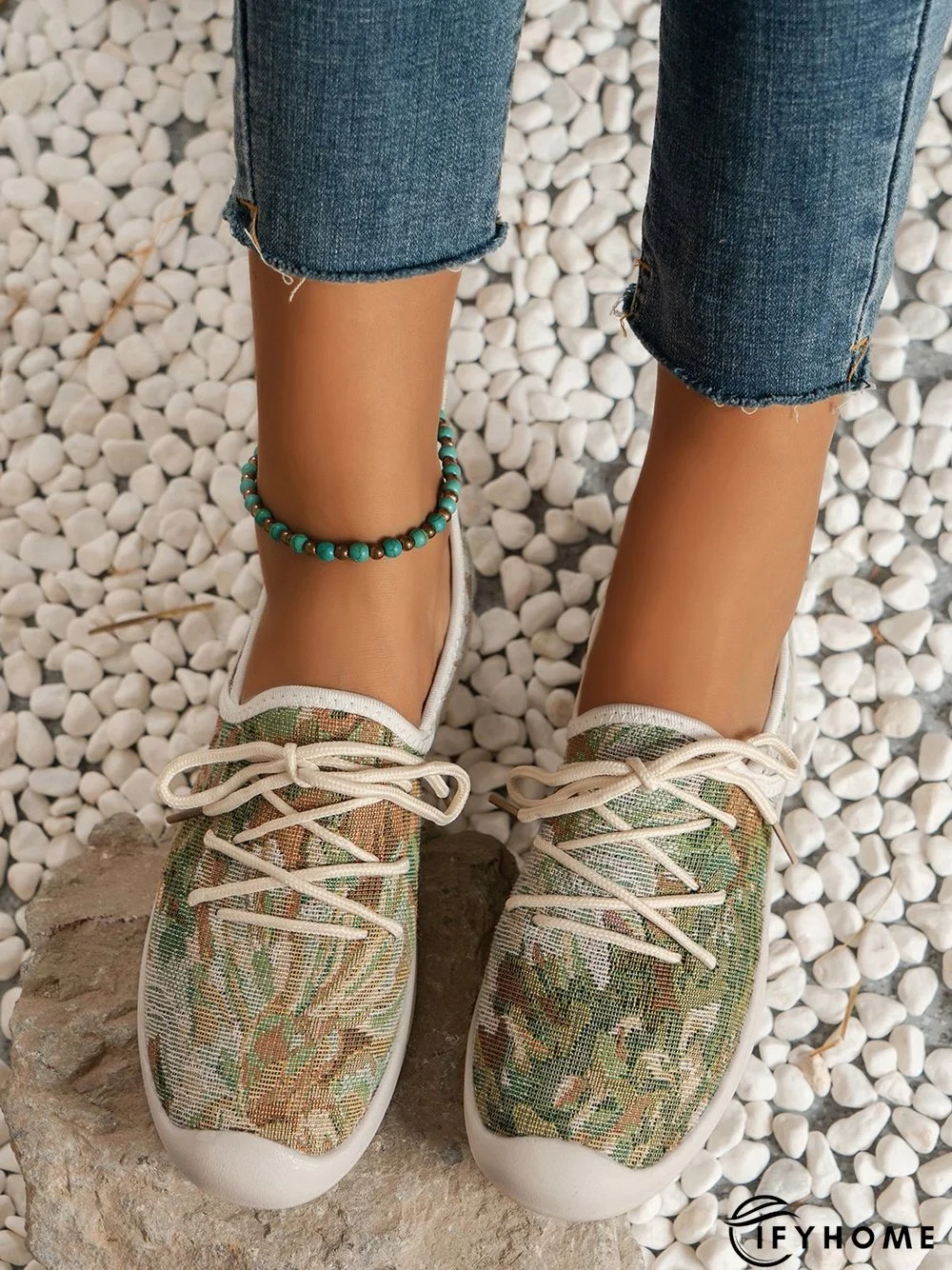 Plus Size Graphic Pattern Lace-up Front Linen Shoes | IFYHOME