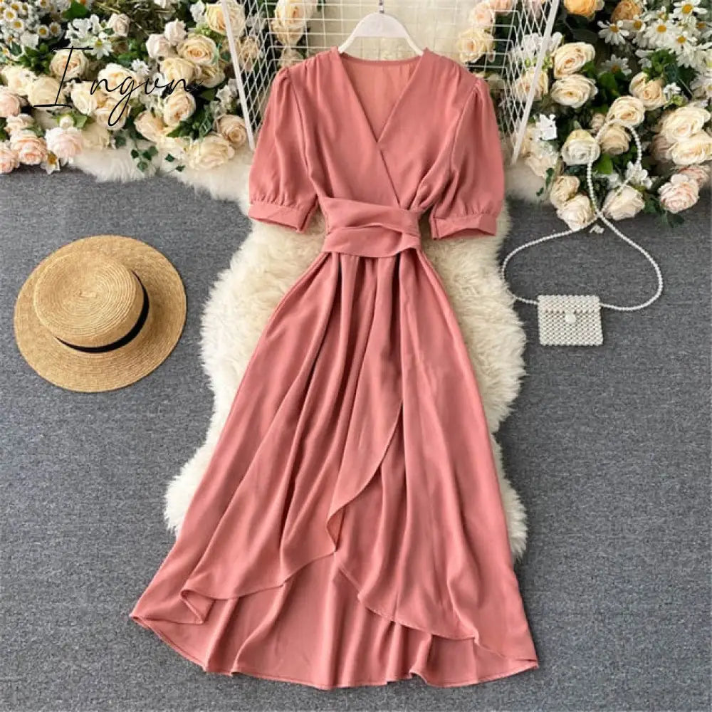 Ingvn - Women Summer Midi French Dress Sweet V - Neck Puff Sleeve High Waist Elegant Solid Woman