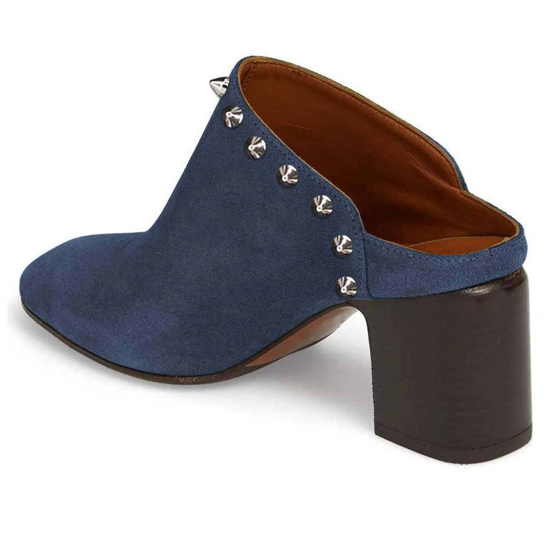 Navy Slip-On Round Toe Block Heel Mules Shoes with Studded Design