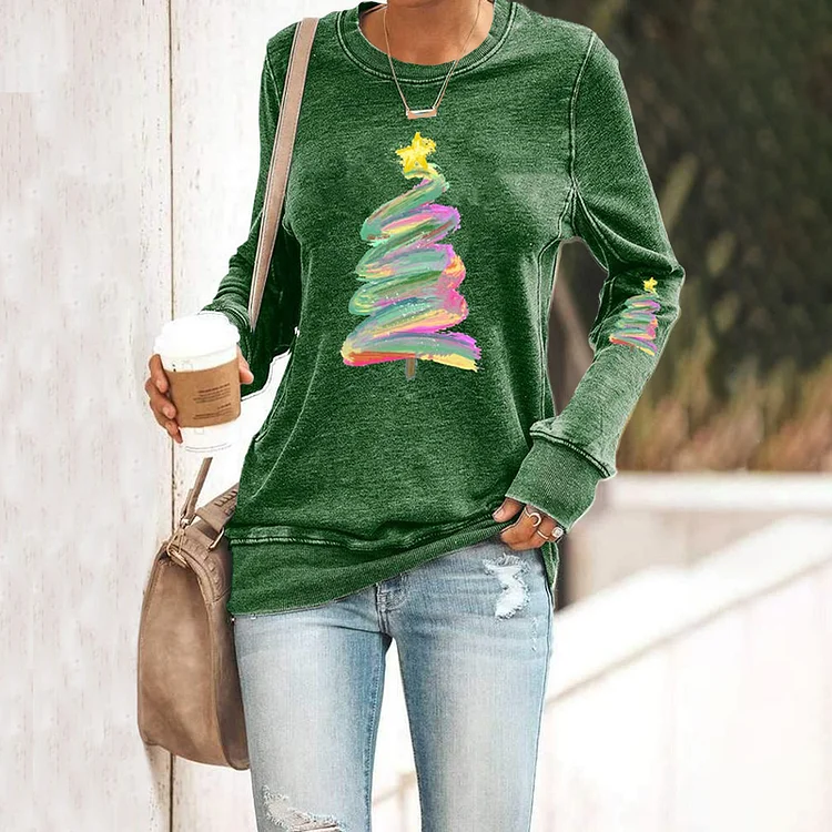 Wearshes Christmas Tree Print Long Sleeve Casual Sweatshirt