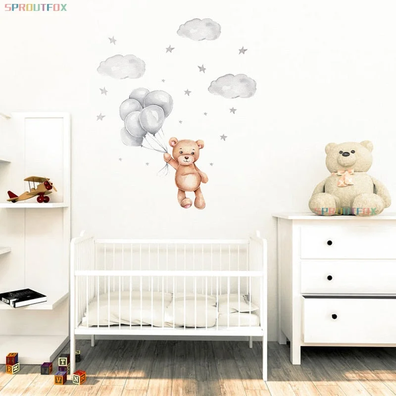 Lovely Bear with Ballon Bedroom Wall Stickers for Kids Rooms Girls Nursery Decoration Cloud Stars Viny Mural Stickers