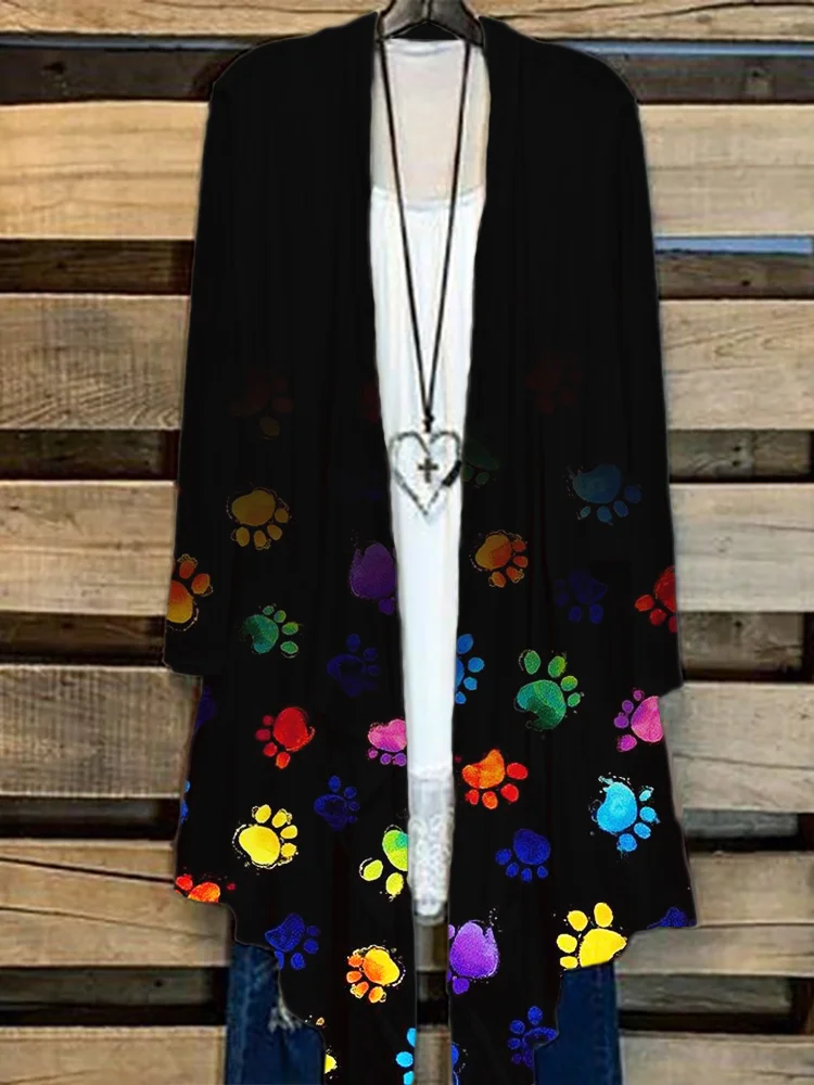 Colorful Paw Prints Gradient Flowy Cardigan