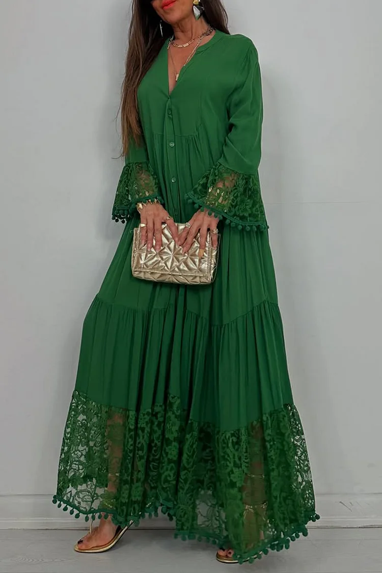 Plus Size Vacation Green V Neck Long Sleeve Contrast Casual Button Chiffon Lace Maxi Dresses [Pre-Order] 2024 - Xpluswear