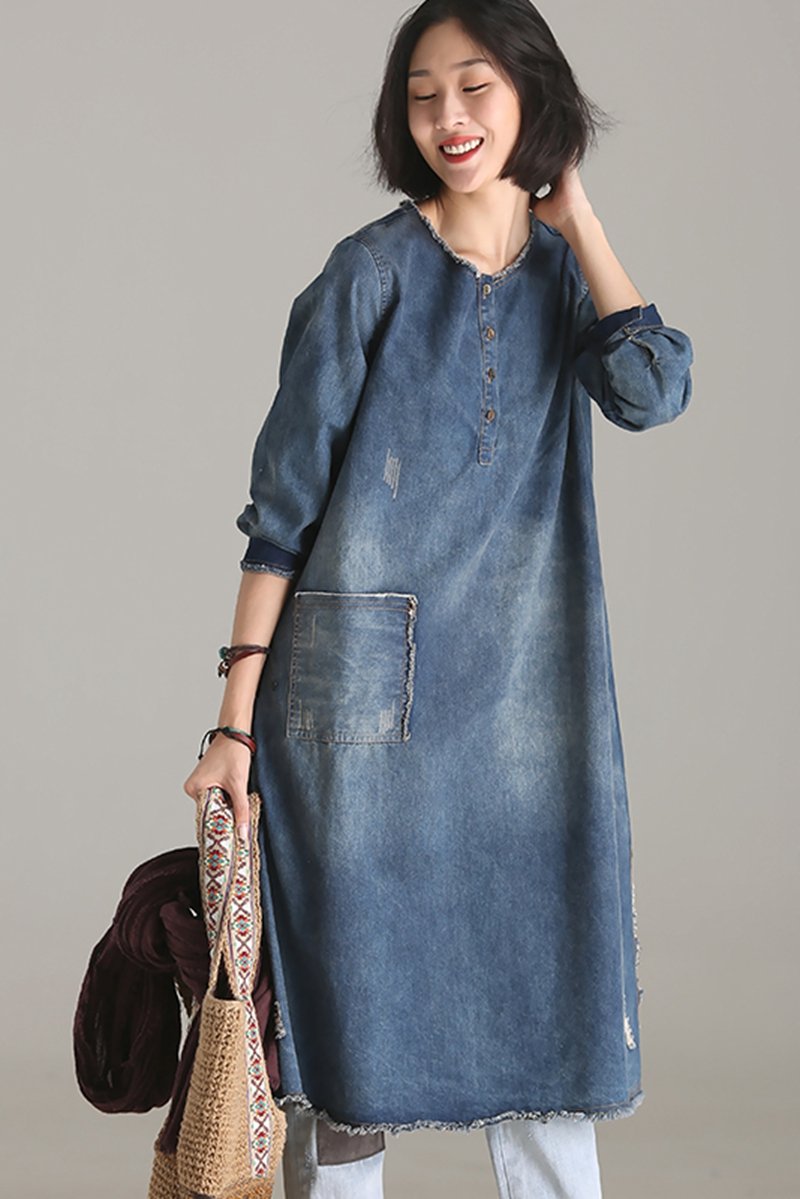 Vintage Casual Blue Denim Dresses Women Fall Outfits Q9505