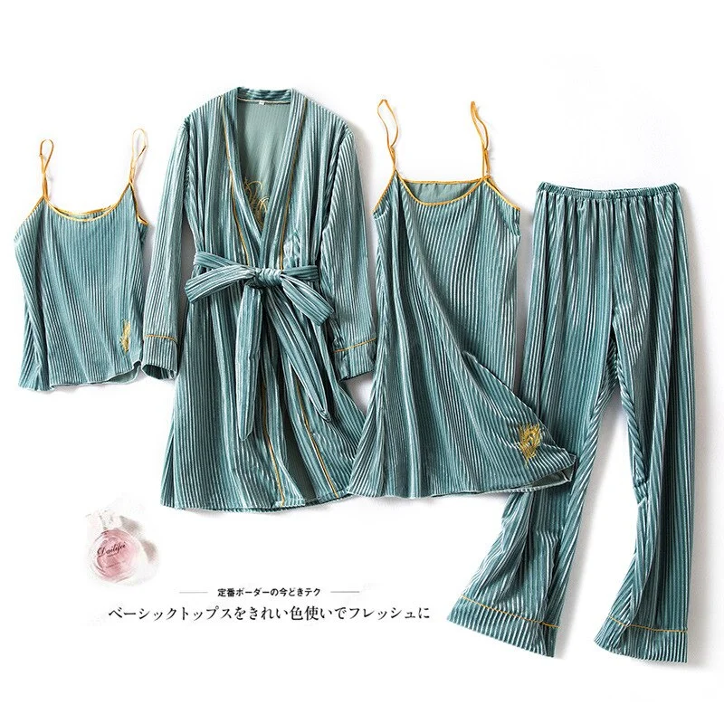Female Velvet 4PCS Pajamas Set  Embroidery Sleepwear Kimono Bathrobe Gown Autumn Winter Velour Nightwear Loose Home Wear