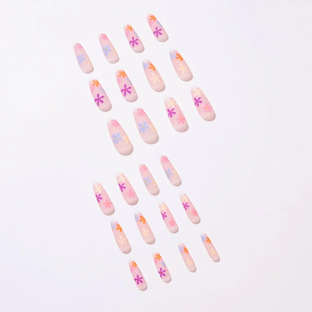 24Pcs/Set Pastoral Serie Rainbow Sun Flower Design False Nail French Full Cover Fake Nails Glue DIY Manicure Nail Art Tools-Nail Inspo