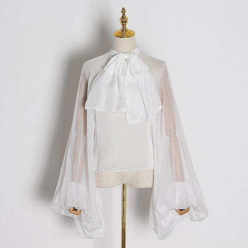 Pongl Bowknot Perspective Shirt For Women O Neck Lantern Long Sleeve Chiffon Blouse Female 2022 Summer Fashion New