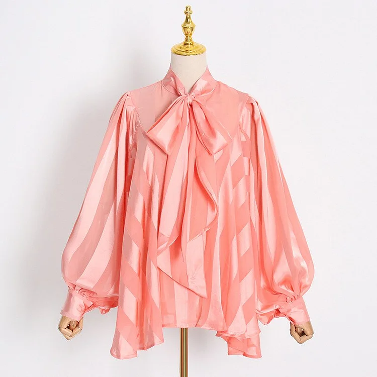 Elegant Loose Solid Color Stand Collar Lacing Striped Lantern Sleeve Shirt  