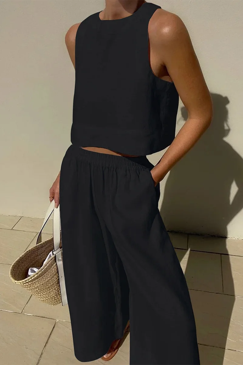 Black Casual Simplicity Solid Solid Color O Neck Sleeveless Two Pieces
