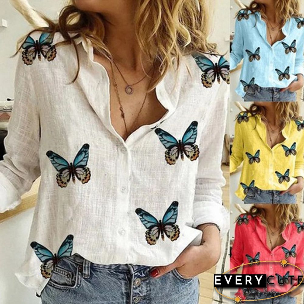 Ladies Slim Irregular Butterfly Print Ladies Shirt Turn Down Collar Cotton Linen Blouse Top