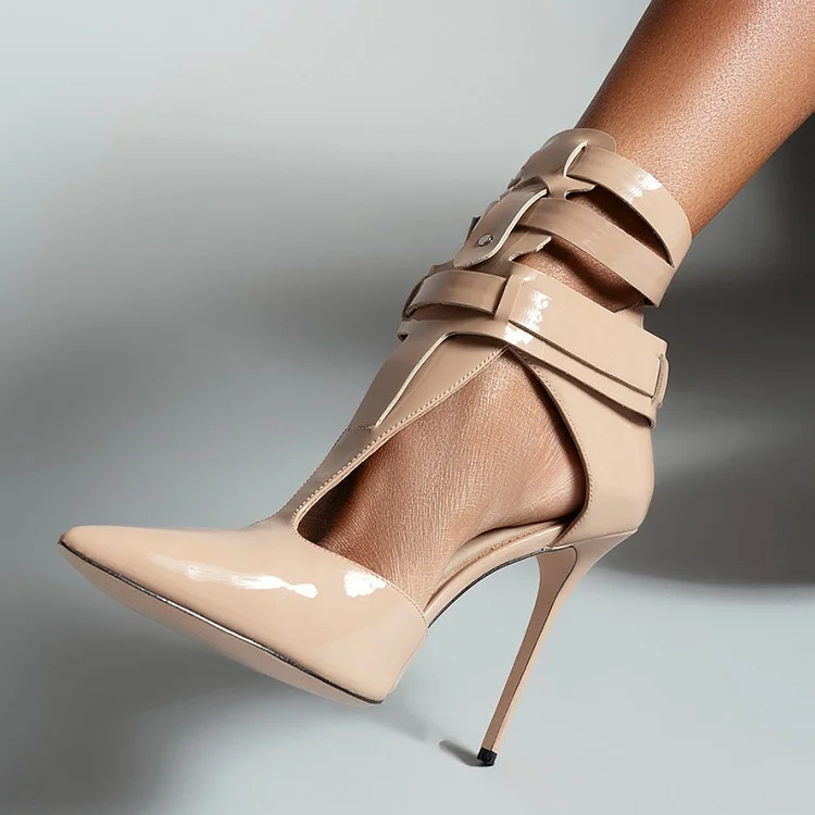 Nude Patent Strappy Pointed Stiletto Heel Pumps Vdcoo