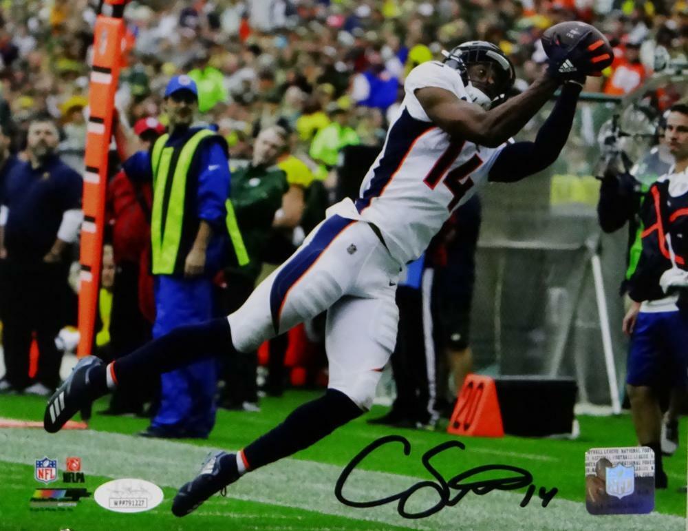 Courtland Sutton Signed Broncos 8x10 Catch in White Jersey PF Photo Poster painting- JSA W Auth