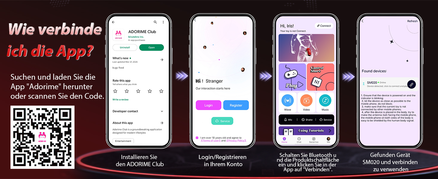 The text reads: 'How do I connect the app?' Screenshots of the mobile app's user interface show connection steps with a QR code in the bottom left corner. Multiple phone screen views demonstrating the app setup process.
