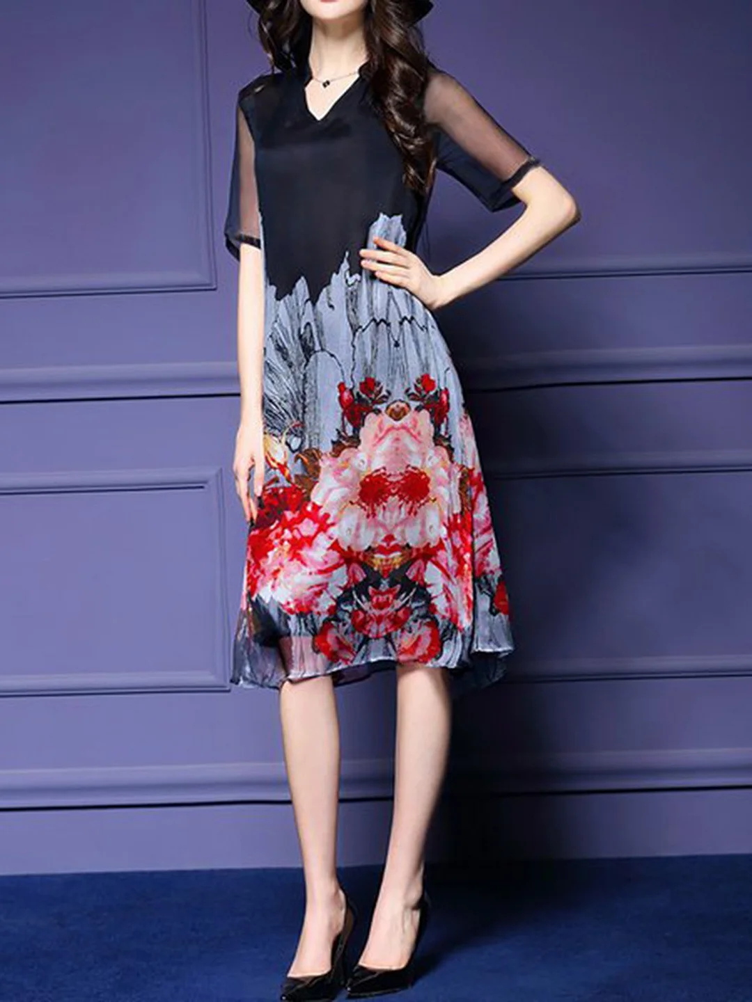 V Neck Shift Daytime Vintage Floral Midi Dress