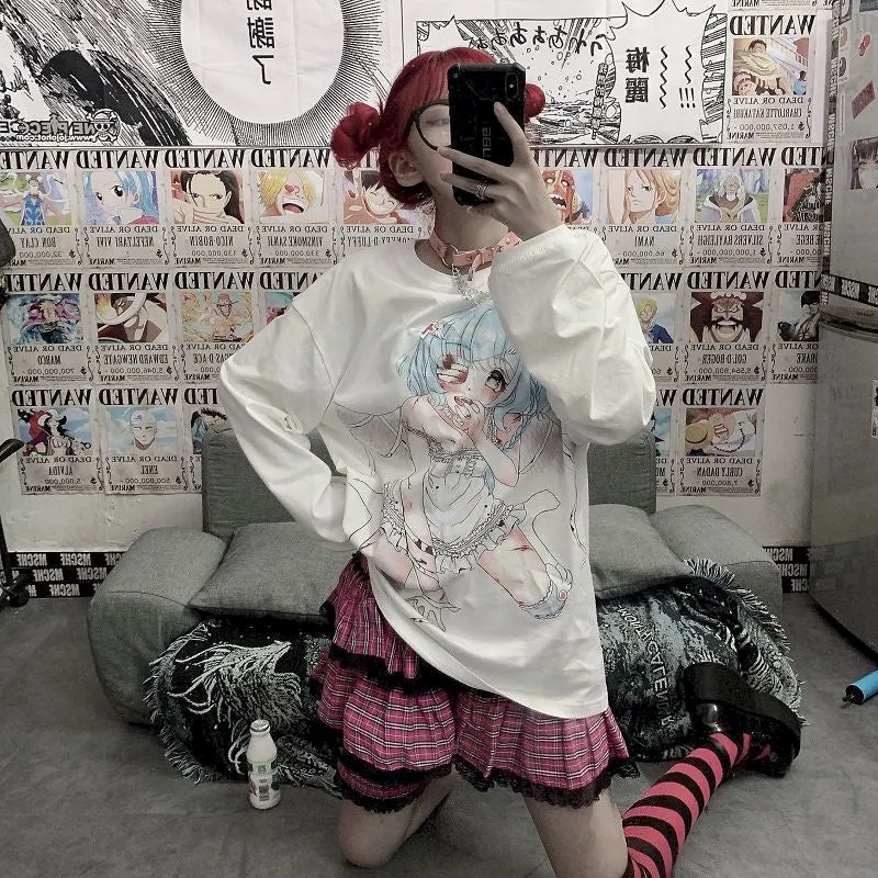 Sweet T-shirt Women Clothes Harajuku Female Harajuku Bf Wind Two-dimensional Animation Printing Loose Student White Shirt