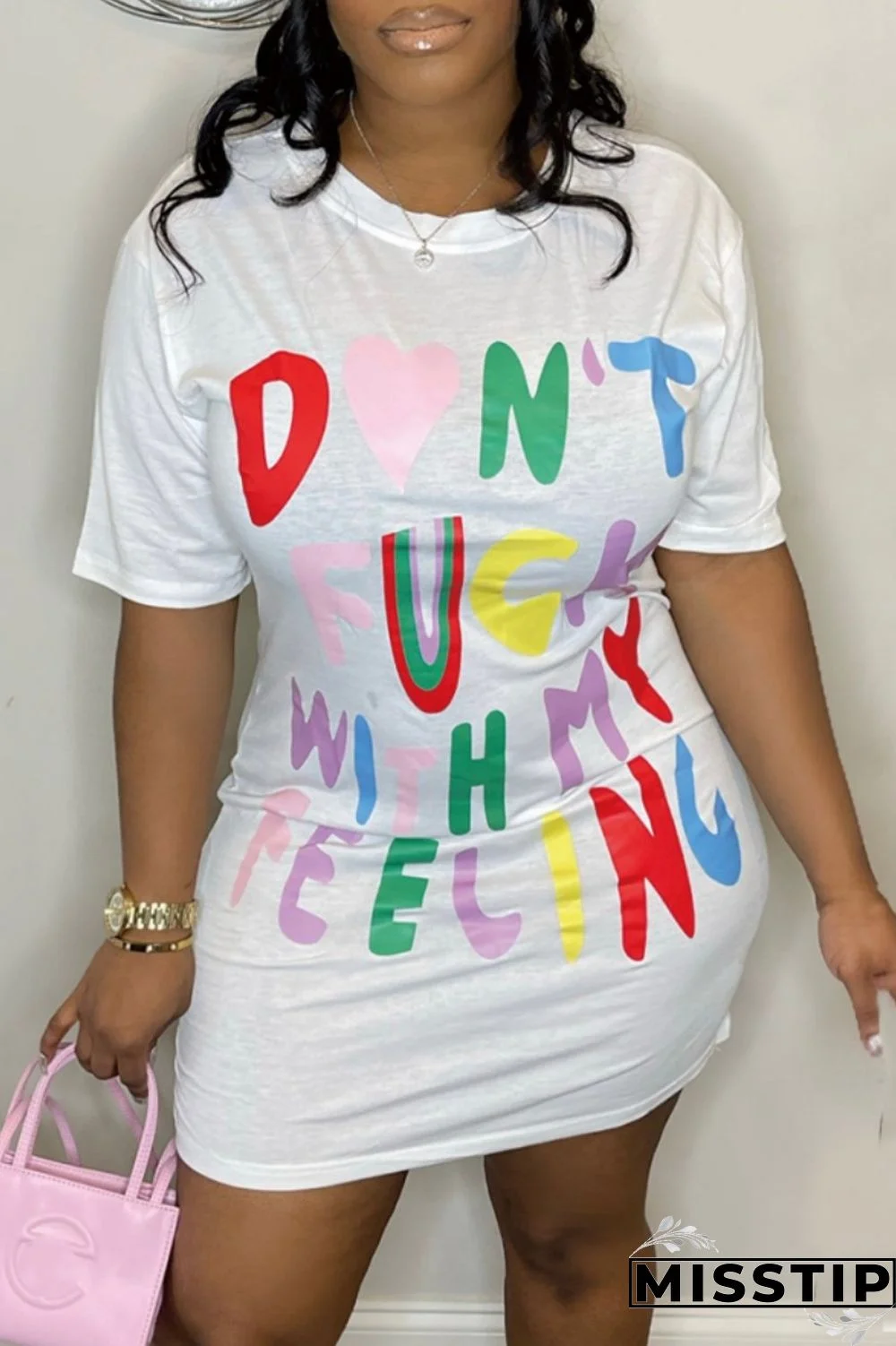 White Casual Letter Print Basic O Neck T-shirt Dress Short Sleeve Dress