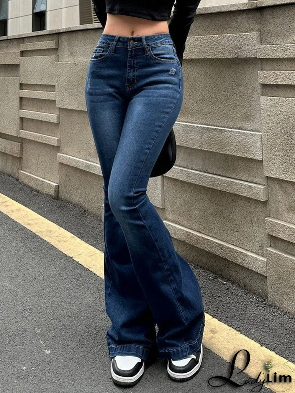 Blue Wash Distressed Stretch Flare Jeans