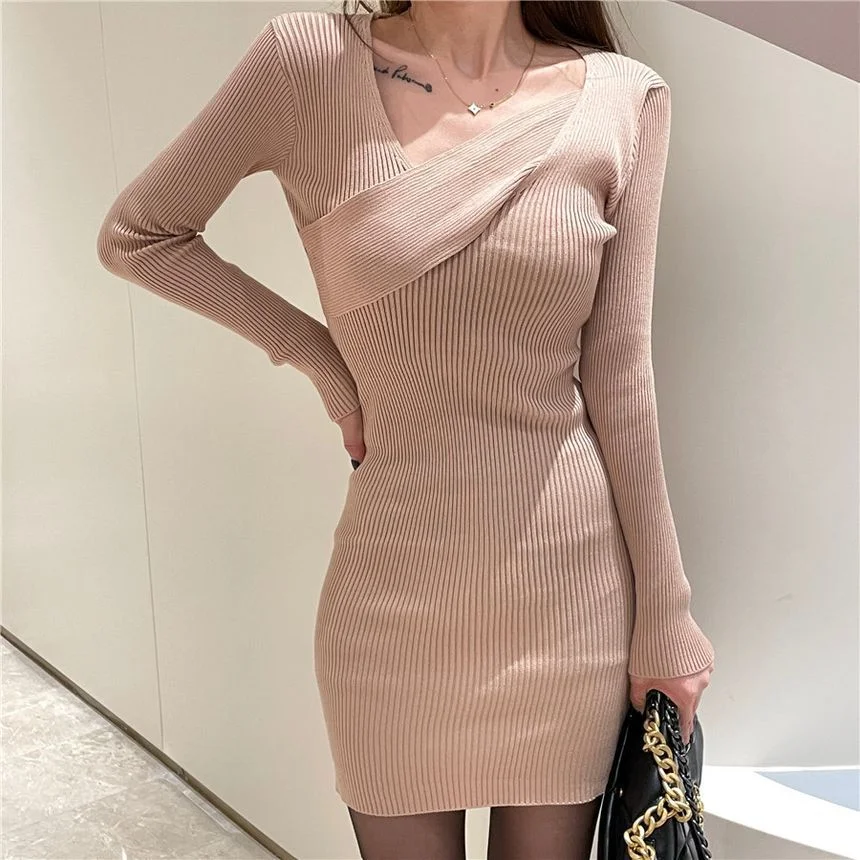 V-Neck Knit Mini Bodycon Dress YP643