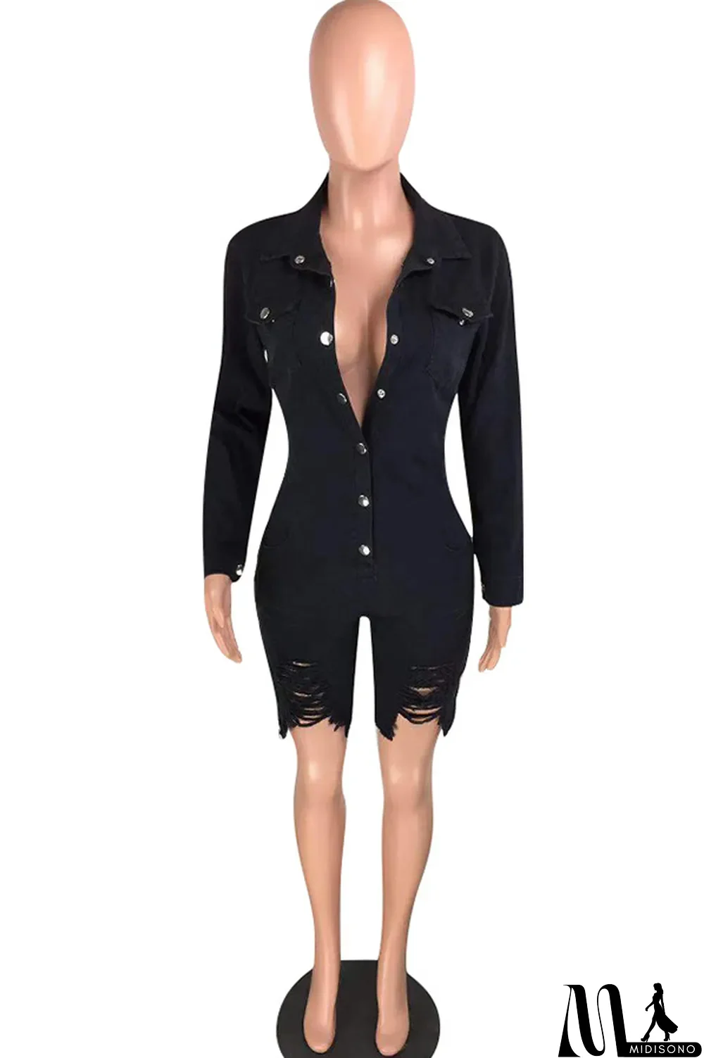 MidiSono - Black Sexy Solid Button washing Cotton Long Sleeve Turndown Collar Rompers