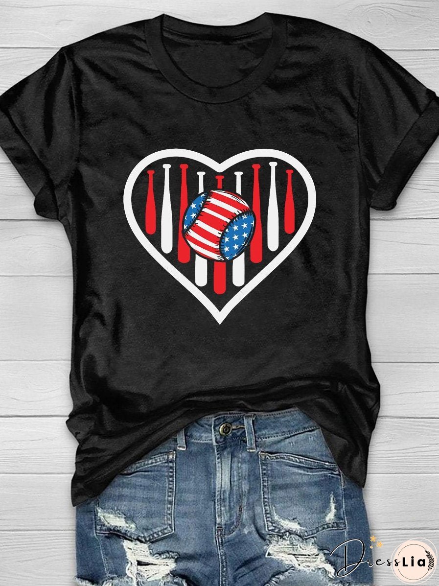 4th Of July Heart Baseball Print Short Sleeve T-Shirt