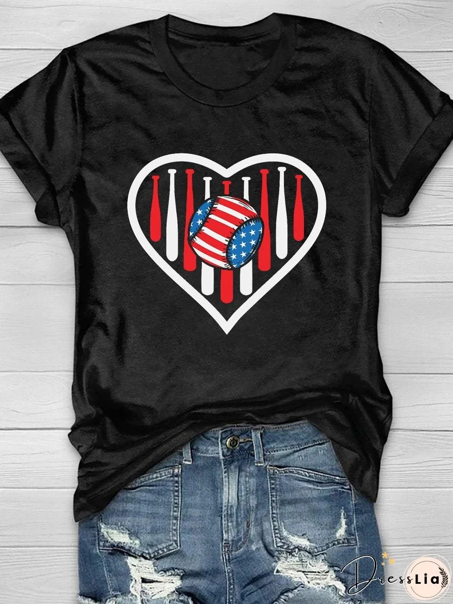 4th Of July Heart Baseball Print Short Sleeve T-Shirt