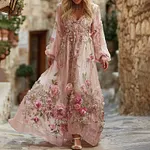 Women's Pink Floral Embroidered Art V-neck Long Sleeve Midi Dress - Image 2