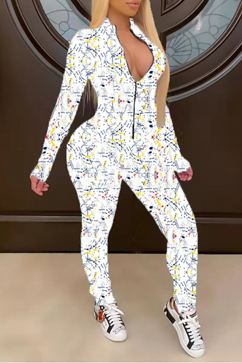 Fashion Casual Print Basic Zipper Collar Regular Jumpsuits