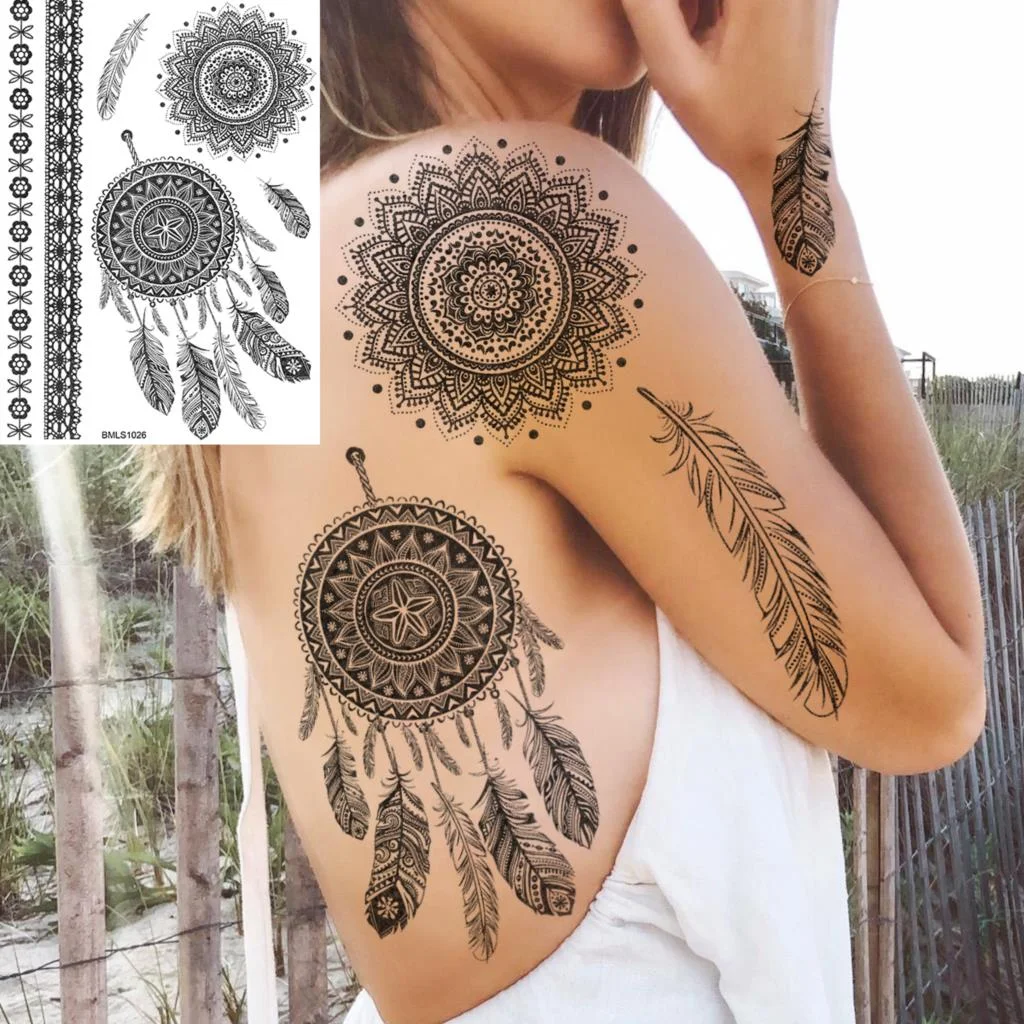 Sdrawing Henna Temporary Tattoos For Women Girls Feather Butterfly DreamCatcher Fake Gem Tattoo Sticker Chest Arm Tatoos Tribal