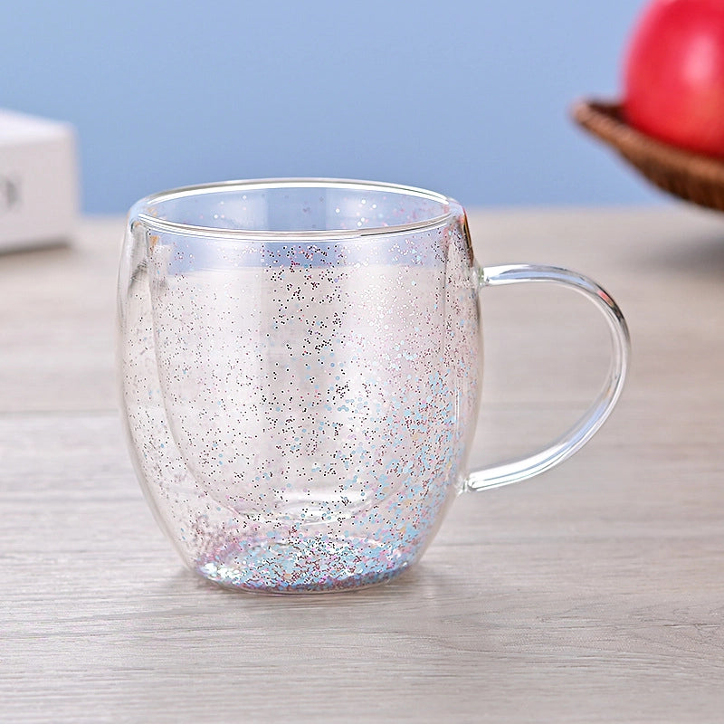 Double-layer Glass Quicksand Flower Cup Borosilicate Glass Double-layer Cup Breakfast Milk Coffee Cup Household Drinking Cup