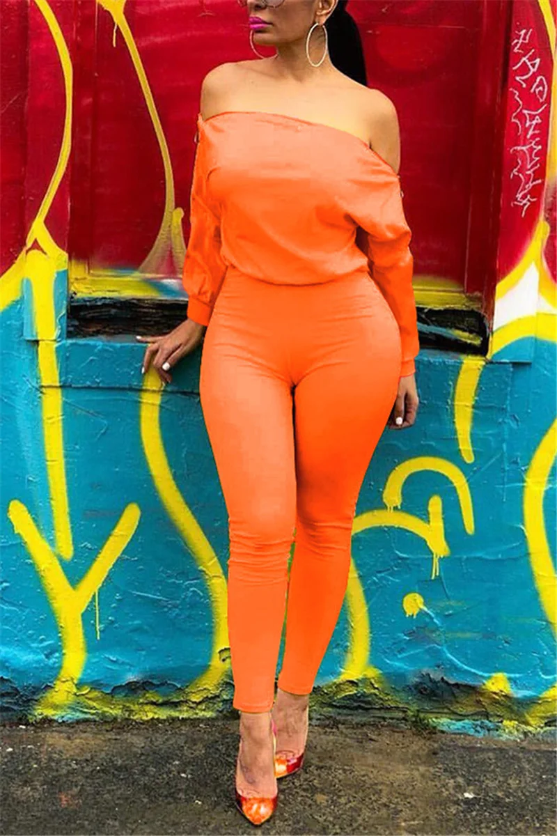 Orange Casual zipper Solid Long Sleeve one word collar Jumpsuits | EGEMISS