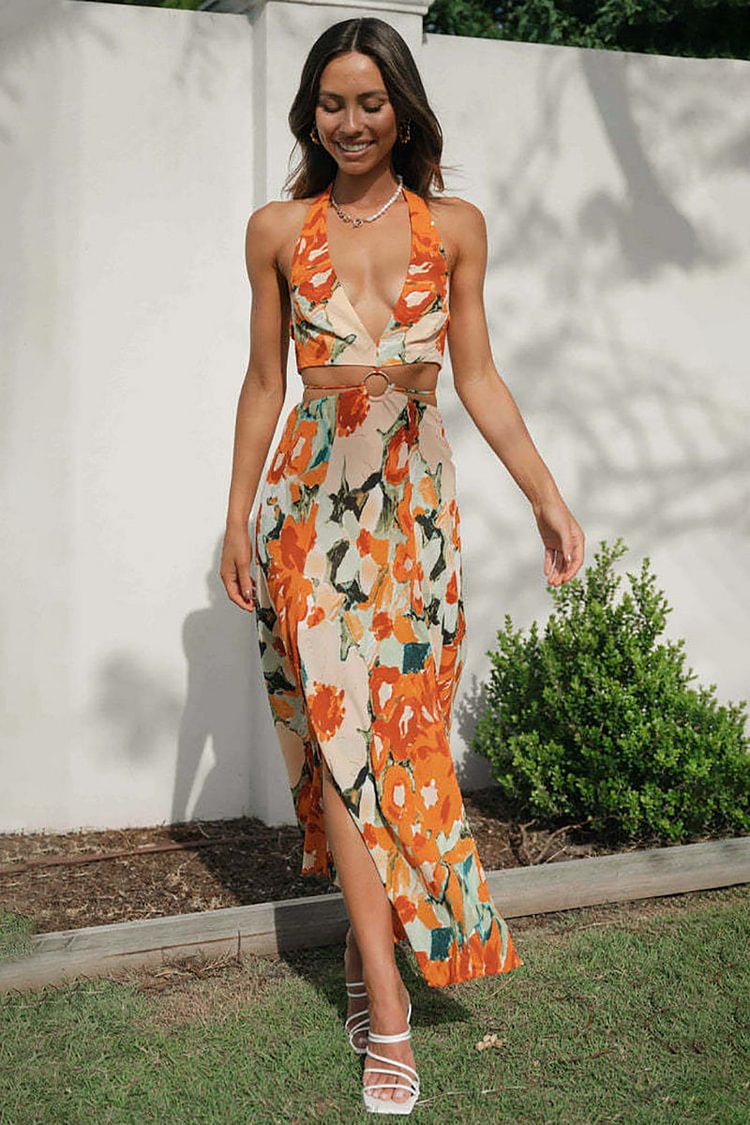 Halter V Neck Print Cutout Backless Slit Maxi Dresses