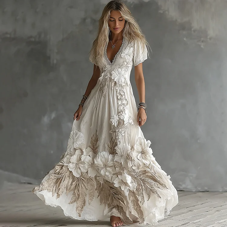 Women's Vintage Boho Floral Art  Short-sleeved Maxi Dress