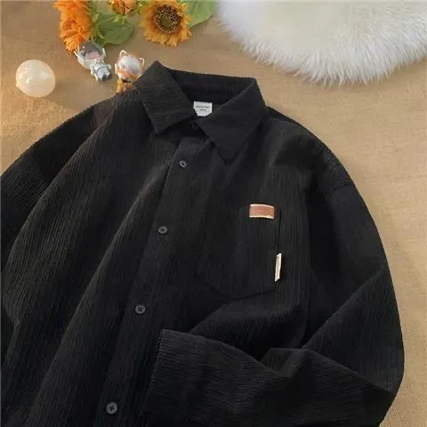 Mens Fashion Long Sleeve Corduroy Sweatshirts Mens Korean Japanese Harajuku Retro Spring Autumn Casual Turn down Collar Shirts