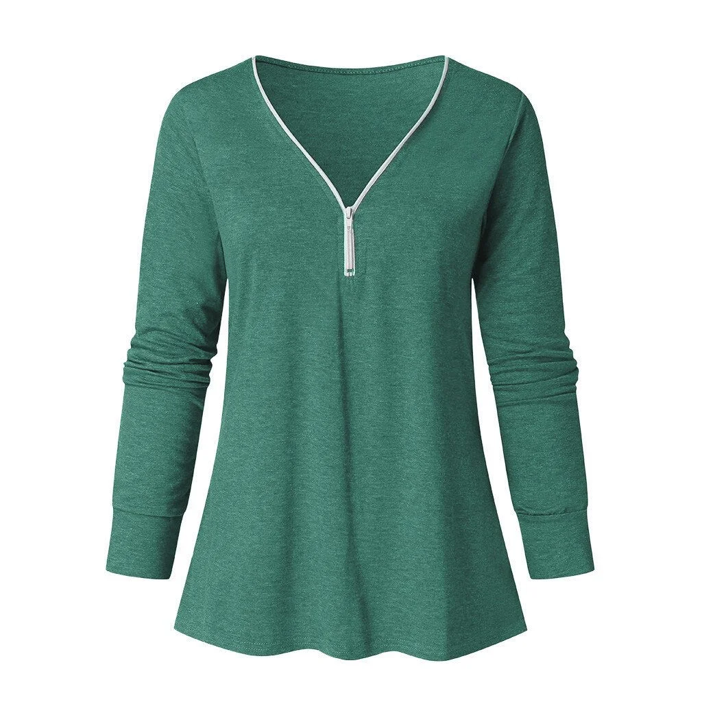Plus Size Fashion Zipper Blouse Shirt Sexy V-Neck Tops Casual Autumn Winter Tops Ladies Female Women Long Sleeve Blusas Pullover