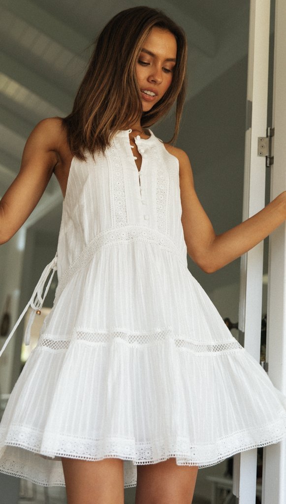 Vacation Lace Panel Stand Collar Button Mini Dress