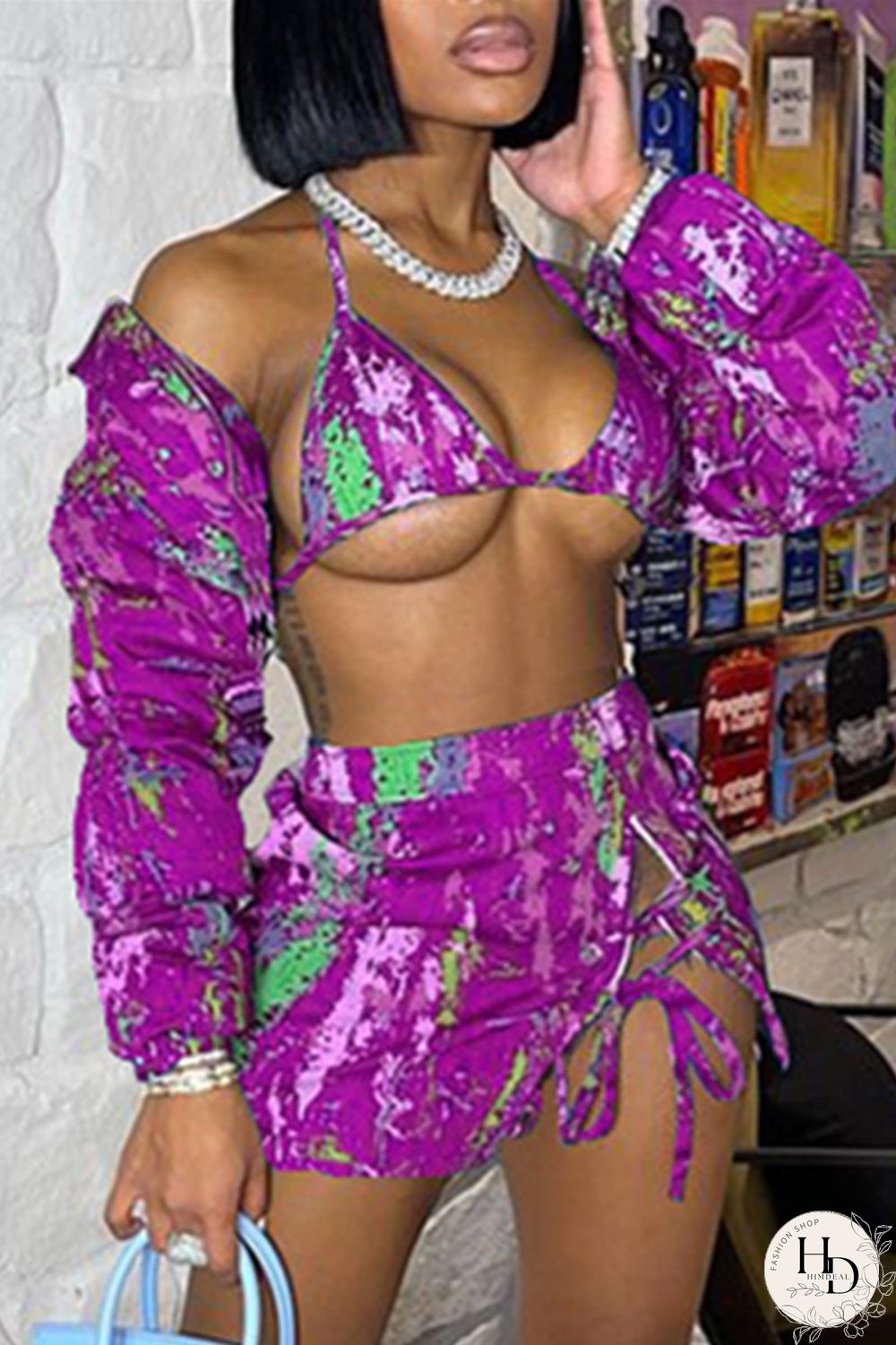 Purple Fashion Sexy Print Strap Design Long Sleeve Three-piece Set