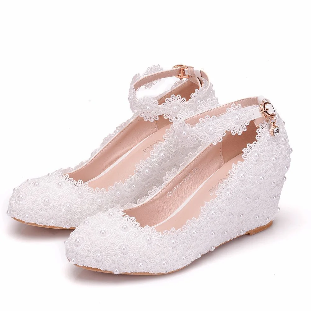 Breakj Breakj Heel White Lace Pearl High Heels Women's Shoes Slopes High Heels High Heels Wedding Shoes Shallow Buckle Round Head Single Gift Shoes