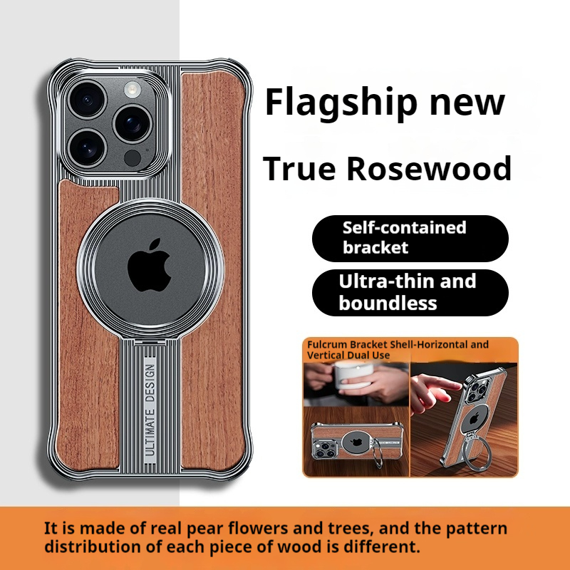 Luxury borderless solid wood metal stand magnetic iPhone case
