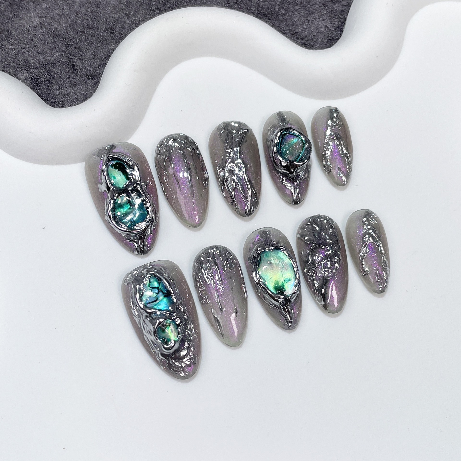 Baroque Aurora Translucent Black 3D Metal Almond Press-On Nails