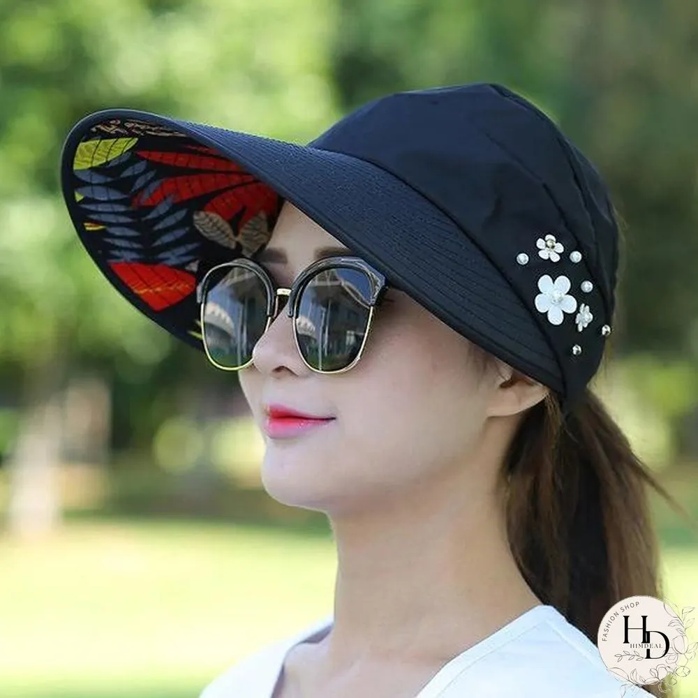 Women Summer Outdoor Gardening Anti-UV Foldable Beach Sunscreen Sun Hat Flower Print Cap
