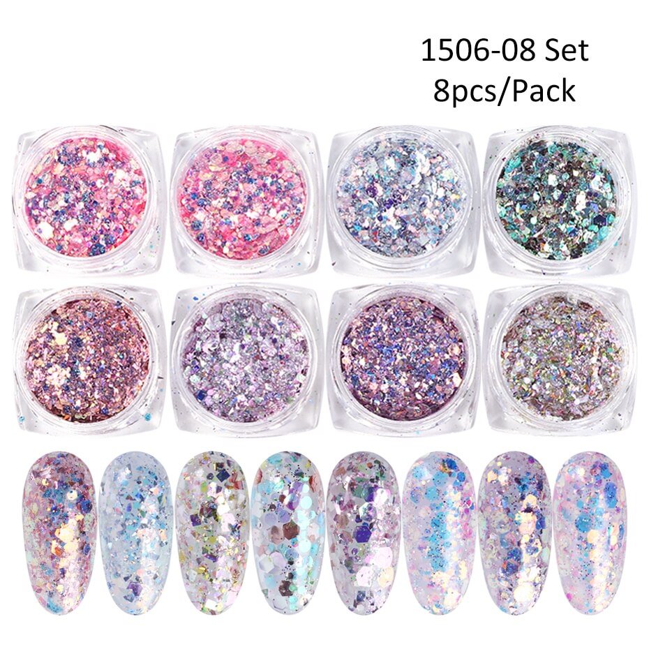 Agreedl Nail Mermaid Glitter Sugar Dipping Powder Colorful Sequins Spangles Polish Manicure Nails Art Decorations Dust LY1506-08