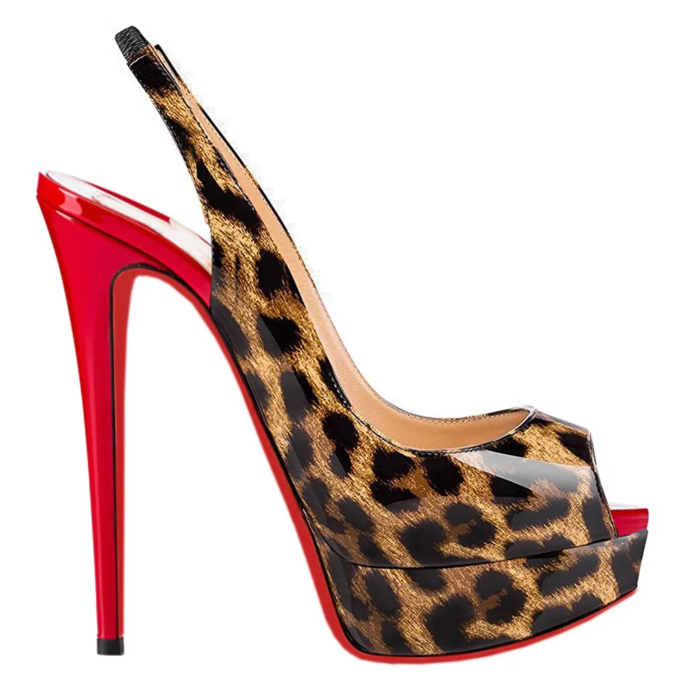150mm Slingback Sandals Platforms Sky High Party Gradient Color Leopard with Red Heels Pumps-vocosishoes